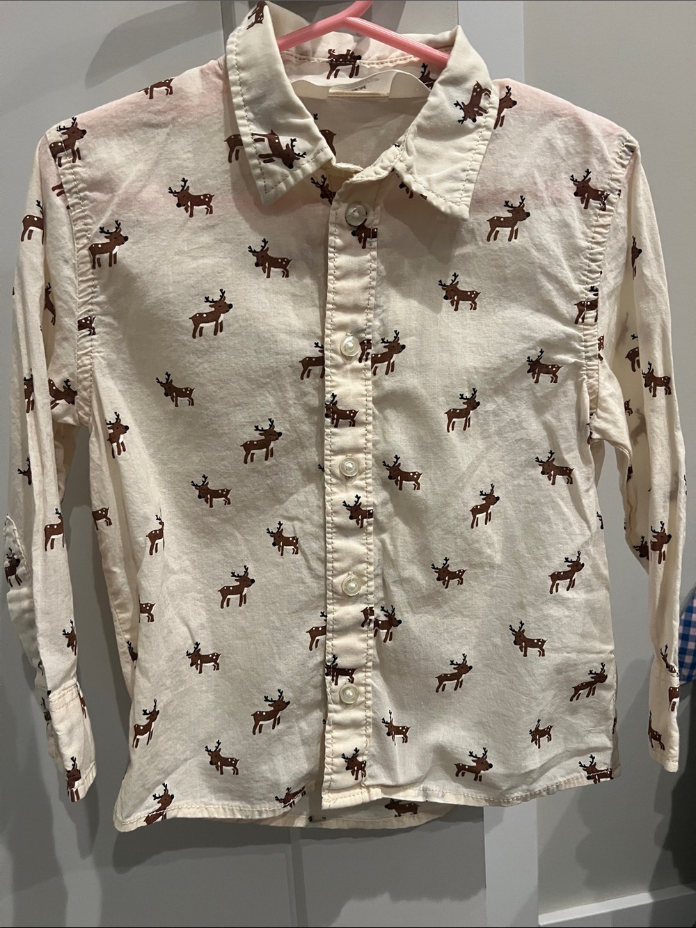 H&M Cream Button-Down Shirt with Brown Reindeer Print